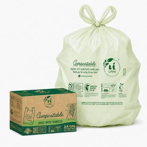 UNNI 2.6 Gallon Compostable Trash Bags with Tie Handles, 100 Count Small Food Scrap Kitchen Compost Bags for Countertop Bin, Certified by BPI, CMA & OK compost HOME, Meets ASTM D6400 - size: 100 Count (Pack of 1), style: 2.6 Gallon