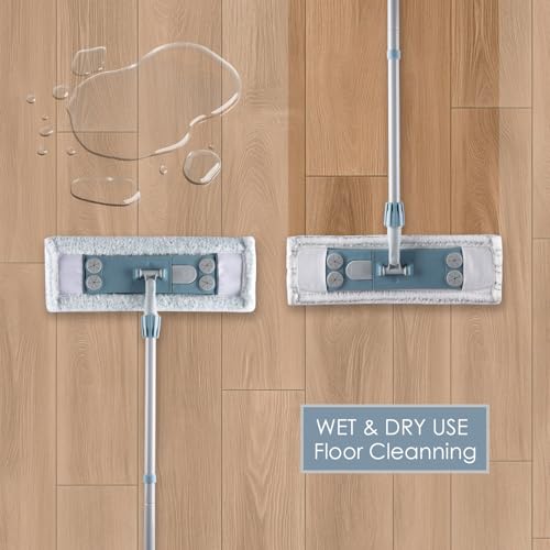 Homilifibra Dust Mop for Floor Cleaning,Magnetic Floor Flat Mop with 2 Washable Pads -Extendable 64‘’ Iron Handle for Hardwood Tile Marble Laminate Floors,Blue&Gray