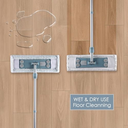 Homilifibra Dust Mop for Floor Cleaning,Magnetic Floor Flat Mop with 2 Washable Pads -Extendable 64‘’ Iron Handle for Hardwood Tile Marble Laminate Floors,Blue&Gray