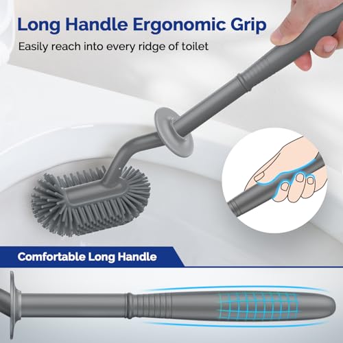 HAMITOR Toilet Bowl Brush Holder Set: Silicone Toilet Cleaner Brush with Curved Design Deep Cleaning Compact Hidden Scrubber for Bathroom Small Space - Modern Rv Toilet Decor Accessories - Gray