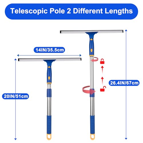 BITOPE 14 inch Shower Squeegee for Glass Door with 2pcs Rubber Refills Extension Handle Window Car Windshield Cleaner Tool for Cleaning Shower Door Mirrors Tile Walls Bathroom RVs