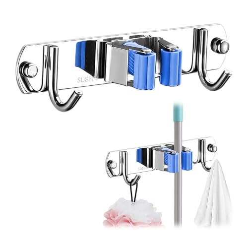 Upgrade Broom Holder Wall Mount, 304 Stainless Steel Mop & Broom Storage Organizer with Hooks, Self-Adhesive or Screw Install for Bathroom Garage Kitchen (blue, 1 Rack and 2 Hooks) - color: blue, size: 1 Rack and 2 Hooks
