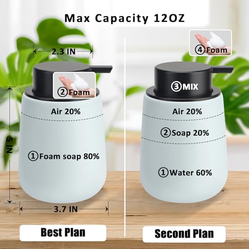 Soap Foaming Dispenser Ceramic with Easy-to-Press Pump Hand Foam Dispenser for Shampoo Bathroom Kitchen 12 oz - color: Foam-lightblue