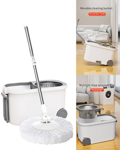 Spin Mop and Bucket System with Wringer, Microfiber Spin Mop and Bucket Set, Stainless Steel Handle, Rolling Mop Bucket with Drain Plug, Includes 3 Mop Heads for Hardwood Tile Floors