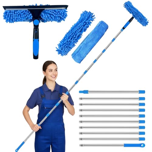 14FT Window Washing Squeegee & Duster with 1-14 ft Spliceable Extension Pole, 2 in 1 Telescopic Window Cleaner Rotatable Window Washing Equipment for High Window, Interior Roof, Car Glass