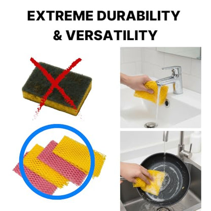 Mesh Dish Scrubber [4-Pack], Innovative Net Dish Cloths for Kitchen Cleaning, Non-Scratch & Fast Drying Scrubber for Pots, Pans, and Dishes (2 Yellow & 2 Pink)