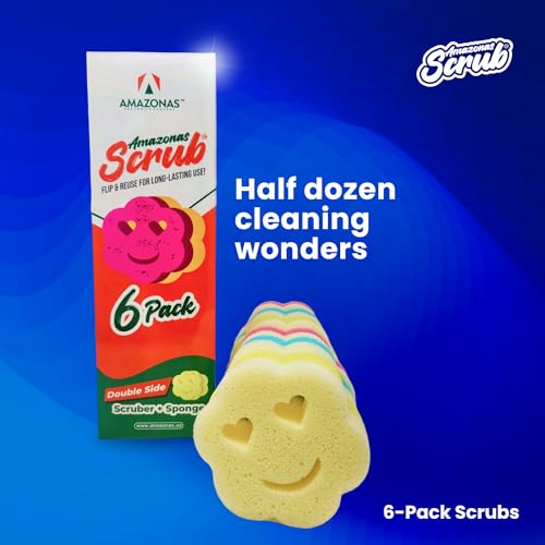 6 Double Side, Amazonas Scrub, Your New Cleaning Essential! This 6-Pack of Double-Sided Scrubber and Sponge is Designed to Simplify Your Cleaning Routine (6 Scrub sponges)