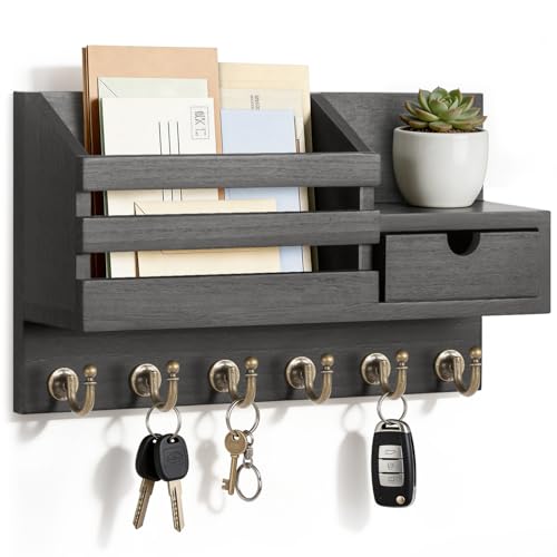 FifthQuarter Key and Mail Holder for Wall, Mail Organizer Wall Mount with 6 Hooks and Storage Drawer, Easy Installation Key Rack for Entryway and Home Decor (A-Black) - color: A-Black