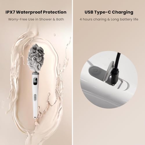 WJX Electric Body Brush with Replaceable Heads – Rechargeable, Waterproof, 2-Speed Adjustable Back Scrubber for Shower (White) - color: White