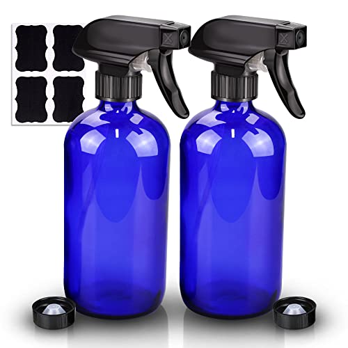 Wedama Glass Spray Bottle, 2 Pack Blue 16 oz Glass Spray Bottles for Cleaning Solutions and Essential Oils, Refillable Empty Spray Bottle with Adjustable Nozzles for Alcohol, Plant and Hair Care - color: Blue, size: 16 oz (2 Pack)