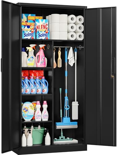 Wide & Deep Metal Storage Cabinet with Hanging Rod,Black Broom Closet Storage Cabinet with Lock,72" Tall Wardrobe Cabinets with Doors and Shelves,Locking Steel Tool Cabinets for Home,Office,Garage - color: Black, size: 72"H -2 Door -With Rod