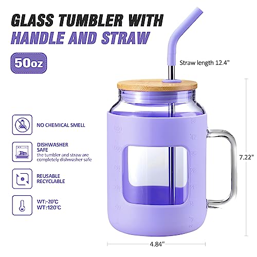 WINSA 50 oz Glass Water Bottles with Silicone Sleeve,Glass Tumbler with Lid and Straw,Iced Coffee Cup with Handle,BPA Free-Purple - color: Purple