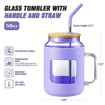 WINSA 50 oz Glass Water Bottles with Silicone Sleeve,Glass Tumbler with Lid and Straw,Iced Coffee Cup with Handle,BPA Free-Purple - color: Purple