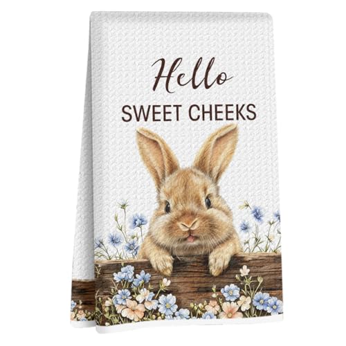 Funny Farmhouse Bunny Kitchen Dish Towels, Bunny Farmers Gifts for Men Farm House, Hello Sweet Cheeks Hand Towels for Bathroom Kitchen Decor, Waffle Weave Absorbent Hand Cloth Tea Towel 14x24 Inch - color: Bunny