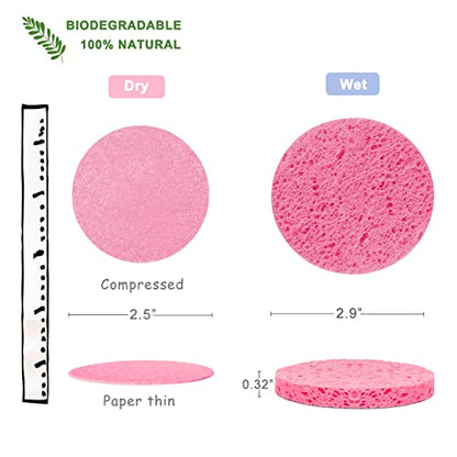50-Count Compressed Facial Sponges for Daily Cleansing and Gentle Exfoliating, 100% Natural Cellulose Spa Sponge Perfect for Removing Dead Skin, Dirt and Makeup - color: Pink