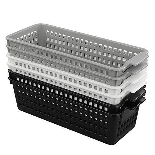 6 Pack Plastic Storage Organizer Basket, White Grey Black, Slim Organizing Basket Set