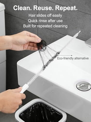 Drain Cleaning Brush, 2-Pack Flexible Pipe Cleaner Tool for Sink Shower and Bathtub Drain, Long Hair and Debris Remover Snake with Handle and Hook, Reusable Clog Removal Accessory