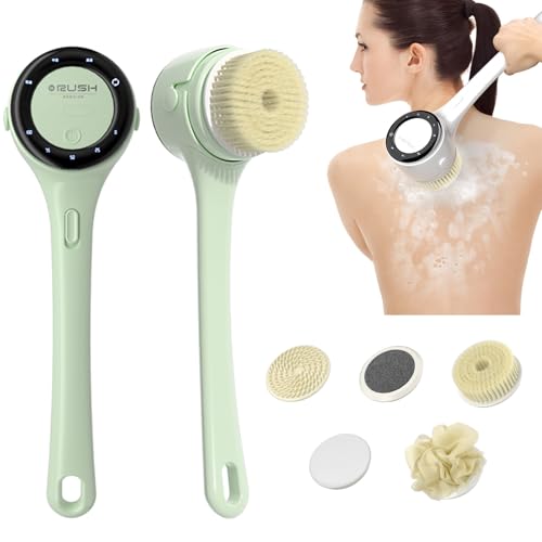 Electric Body Brush, 3 Speed Silicone Body Scrubber with LCD Display, 5in1 Back Scrubber for Shower, Waterproof Rotating Body Brushes, Rechargeable Bath Brush for Clean Exfoliate Massage (Green) - color: Green