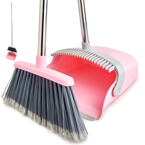 Broom and Dustpan Set, Dustpans with Broom Combo for Home, Heavy Dust Broom and Dustpan Combo, Long Handle Dust Pan and Broom Set for Kitchen, Office, Pet Hair(Gray Pink) - color: Pink 1-pack