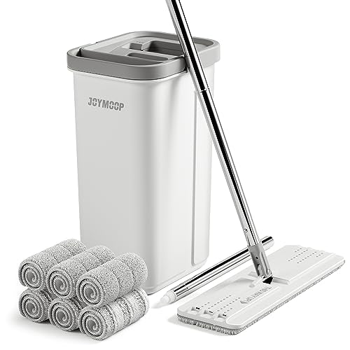 JOYMOOP Microfiber Flat Mop System with Bucket, White, Hands-Free Floor Cleaning Set, Wet and Dry Use, 6 Reusable Pads - size: Middle Bucket #13 + 60" Flat Mop + 6 Pads