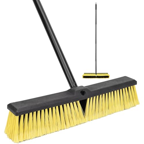 18 Inches Push Broom Outdoor- Heavy Duty Commercial Broom with 64.5" Long Handle and Stiff Bristles for Patio Garage Deck Concrete Wood Stone Tile Driveway Yard Warehouse Shop Floor Cleaning - color: Yellow - 18 Inch