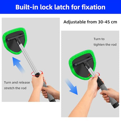 Windshield Cleaner Tool with Extendable Aluminum Handle (Up to 19.7"), Streak-Free Auto Glass Cleaning Kit with 4 Thick Microfiber Pads & Spray Bottle, Inside Window Defogger Accessories - color: Green