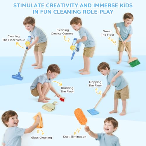 Dreamon Wooden Toddler Cleaning Set - 11Pcs Kids Cleaning Toy Set with 3-in-1 Kids Vacuum that Really Works, Montessori Cleaning Toys with Broom and Mop Set for Toddlers Girls Boys Age 3-6