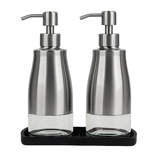 Gaussra Kitchen Soap Dispenser Set with Silicone Tray and Stickers - Brushed Nickel, Stainless Steel Glass Soap Dispenser Bathroom, Refillable Hand Dish Dispenser for Kitchen Sink - color: Brushed Nickel 2 & Tray