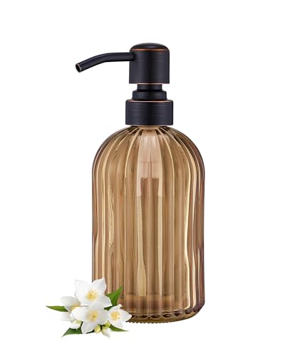 16 OZ Amber Glass Soap Dispenser, Amber Stripe Bathroom Hand Soap Dispensers with Stainless Steel Bronze Pump,Brown Glass Kitchen Hand Soap Dispenser with Oil Rubbed Bronze Pump - color: Oil Rubbed Bronze+amber, size: 1-Pack