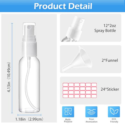 Zoizocp Spray Bottles, 2oz/50ml Clear Empty Fine Mist Plastic Mini Travel Bottle Set, Small Refillable Liquid Containers with 2pcs Funnels and 24pcs Labels (12 Pack) - color: 12pcs-Clear（BPA+TSA）-2oz