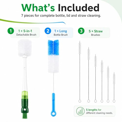 5-in-1 Water Bottle Cleaner Brush Set - 7 Pack, 14.17" Long Narrow Bottle Brush & Straw Brushes, Compatible with Stanley Cups, Tumblers, Sports Bottles, Travel Mugs