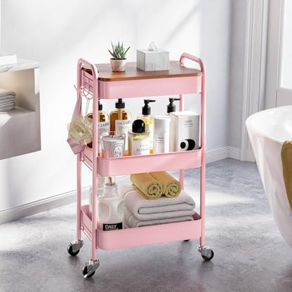TOOLF 3-Tier Rolling Cart with Table Top, Metal Storage Cart on Wheels, Utility Organizer with Wooden Tray, Lockable Casters, Easy Assembly for Bathroom, Living Room, Office, Bedside, Pink - color: Pink