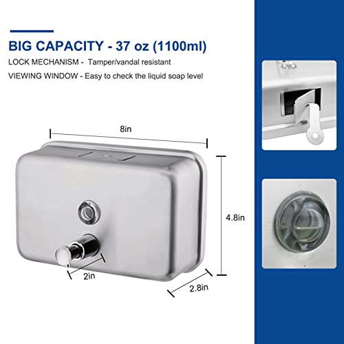 Commercial Wall Mount Stainless Steel Soap Dispenser, Rust-Proof Lining Liquid Hand Sanitizer Dispenser Bathroom 1100 ml / 37 oz. (Horizontal) - size: Horizontal
