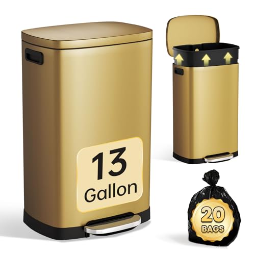 ELPHECO Kitchen Trash Can with Lid Soft Close, 13 Gallon / 50L Stainless Steel Pedal Garbage Can, Heavy-Duty Step Wastebasket with 20 Bags, Removable Bucket, Home Office, Kitchen, Titanium Gold - color: Titanium Gold