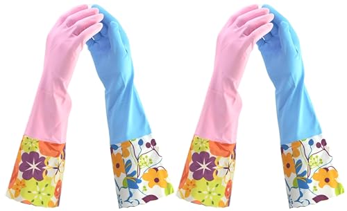 Household Gloves Latex-Free, 15" Long Cuff, Soft Lining, Adjustable Strap, Multi-Layer Protection, Flexible, Comfortable, Chemical-Resistant, Reusable for Cleaning, Dishwashing, 4 Pair Large - color: Pink/Blue, size: Large (Pack of 4)