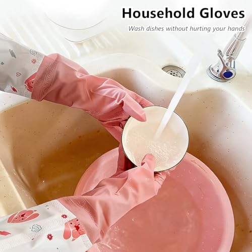 1 Pair Rubber Gloves, Reusable | Waterproof, Wavy Edged Extended Cleaning Gloves, Suitable For Daily Household Cleaning Use (Pink)
