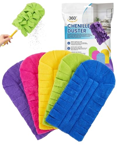 Chenille Duster Reusable Washable Microfiber Dust Fleece Damp Duster Pads Refills Replacement Heads for Cleaning with Handle Flat Dusters Multi Surface for Home Blinds Car Pet Furniture Fans - color: 5pcs