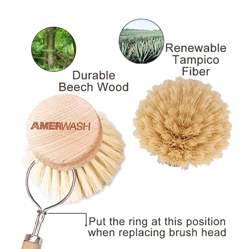 AMERWASH PLUS Classic Dish Brush Replacement Head 3 Packs, Natural Bristle Tampico Fiber for All Purpose Cleaning, Kitchen Scrubber - size: 3 Piece Brush Head Set