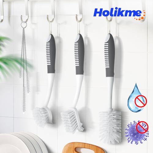 Holikme 6 Pack Dish Brush Set with Bottle Brush, Dish Scrub Brush, Pan Brush and 3 Straw Brushes, Deep Cleaning Handle Brush with Scraper Tip for Kitchen Sink Dishes Bottle Cup Pot and Pans (Gray) - color: Gray