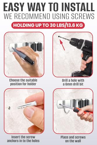The Good Stuff Compact Mop and Broom Holder Wall Mount – Stainless Steel Organizer with 3 Racks and 2 Hooks – Rust-Resistant, Space-Saving Tool Hanger for Closet, Kitchen, Garage, or RV - size: Compact
