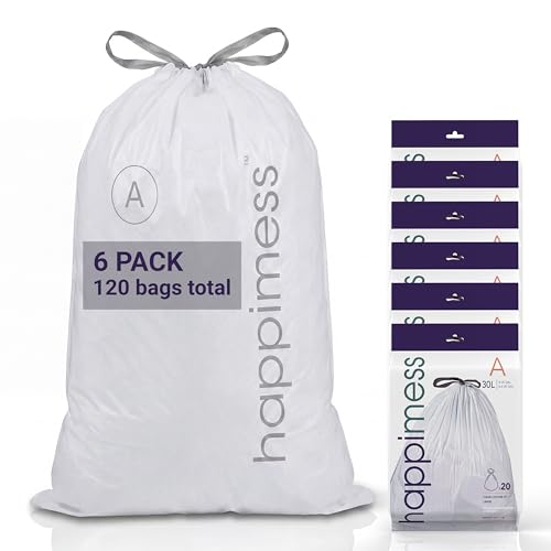 happimess 8 Gallon (30L) Drawstring Trash Bags, Unscented, Clear, Heavy Duty LDPE Liners for Kitchen and Household, Custom Fit 120 Count (6 Packs of 20 Liners) HPM3000A-C-6SET - color: Clear, size: 120 Count (Pack of 1)