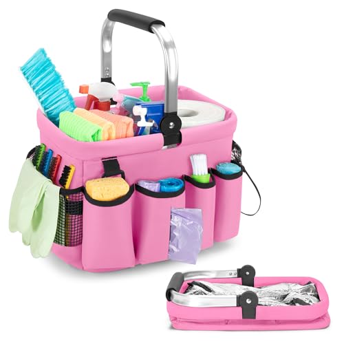 PGmoon Cleaning Caddy Organizer with Handle, Cleaning Tote Bag with Multiple Pockets for Cleaning Supplies, Products Storage, Housekeepers, Kitchen Cleaning Supplies, Pink - color: Pink