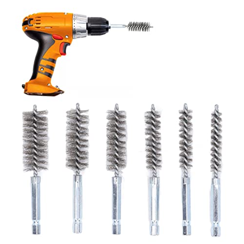 6 Piece Bore Cleaning Brush Set 1/4 Inch Hex Shank for Drill Impact Driver and 8-19mm Diameter Applications - size: Steel Wire (Silver)