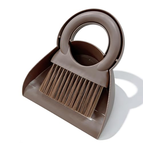 Mini Broom and Dustpan Set with Round Handle, Compact Small Hand Broom with Soft Bristles for Kitchen Counter, Desk, Drawer, Pet Area & Car Interior, Space-Saving Portable Cleaning Tool (Coffee) - color: Coffee