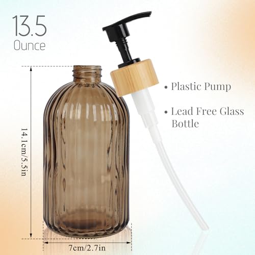 Amber Glass Soap Dispenser with Pump, 2 Pack 13.5oz Vertical Stripe Design Hand Soap Dispenser for Hand Wash, Dish Wash, Elegant Dispenser for Bathroom and Kitchen - color: Striped Amber