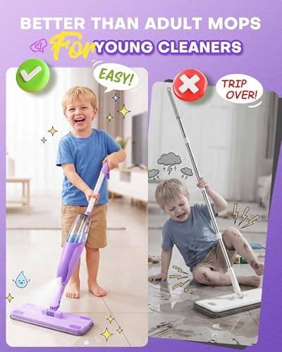 Purple Mini Spray Mop for Toddler-Montessori Cleaning Toy that Real Spray Water,Pretend Playhouse Essentials for Girls Ages 3-8,Toddler Educational Housekeeping Set - size: Purple, style: Spray Mop