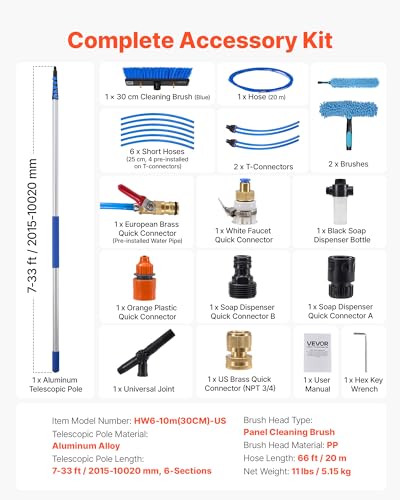 VEVOR Solar Panel Cleaning Kit, 33 ft, Water Fed Pole Kit with Cleaning Brush, Soap Dispenser, Extendable Aluminum Telescopic Pole, 180° Rotatable Brush Head, for Roof Mounted Solar Panels, Windows - size: 33 F