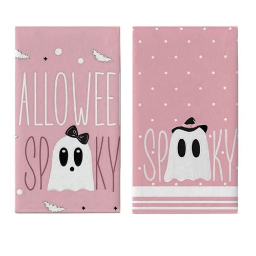 Pink Ghost Decor Kitchen Towels Set of 2-18x26 Inch Halloween Dish Towels, Cute Spooky Polyester Towels for Bathroom & Farmhouse Decor - color: Pink Ghost