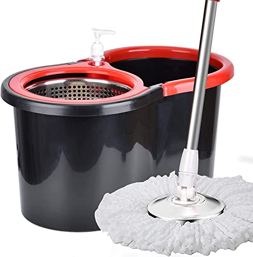 Mop and Bucket with Wringer Set, 360 Spin Mop and Bucket with 3 Replacement Heads, Stainless Steel Mop Bucket 61 Inch Adjustable Handle for Floor Cleaning - color: Black