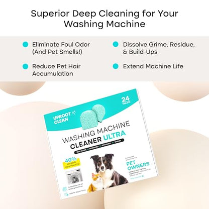 Uproot Clean Washing Machine Cleaner Tablets Ultra - 40% Stronger Formula: Designed for Pet Owners, Remove Residue, Grime & Odors, Compatible with HE, Top & Front Load, 24 Pack - 12 Month Supply - style: Ultra